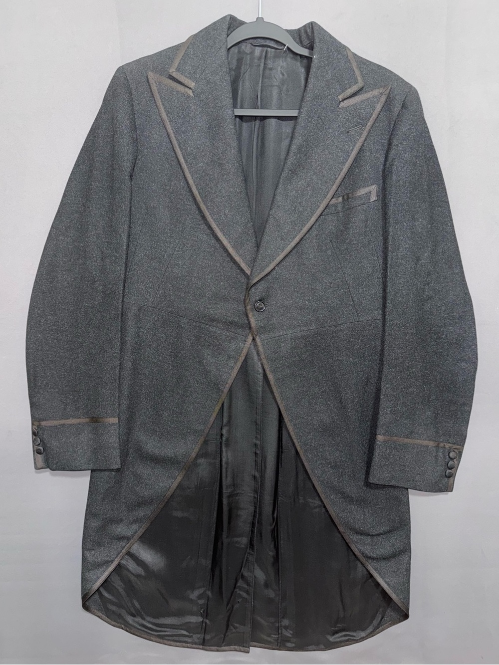 Vintage Bespoke Morning Tailcoat Jacket Slim 36L / 38L Black Wool Grograine Trim